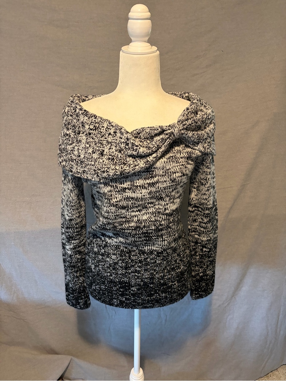 White House Black Market Off-Shoulder Marled Black & White Silver Knit Sweater
